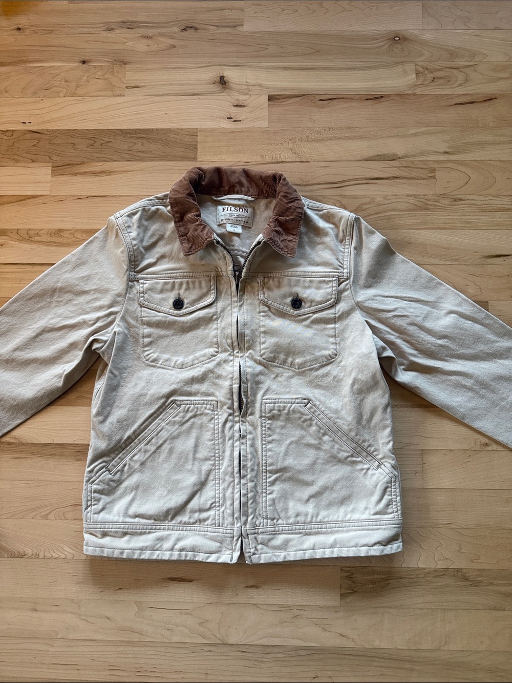 Filson Cream Canvas Jacket with Brown Corduroy Collar and Cuffs